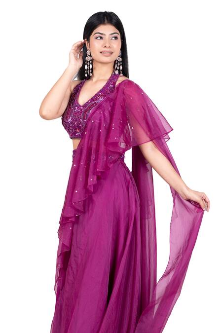 Buy_House Of Mithi Kalra_Purple Georgette Sequins, Beads Halter Neck Work Kali Pant Saree With Blouse Set _Online_at_Aza_Fashions