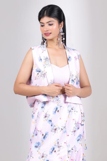 House Of Mithi Kalra Pink Silk Beads, Embroidery Round Neck, Floral Print Jacket With Skirt Set Online at Aza Fashions House Of Mithi Kalra_Pink Silk Beads, Embroidery Round Neck, Floral Print Jacket With Skirt Set _Online_at_Aza_Fashions