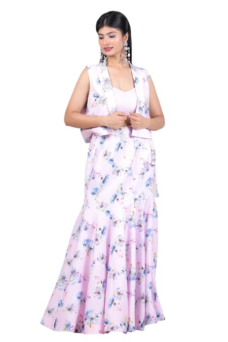 Shop House Of Mithi Kalra Pink Silk Beads, Embroidery Round Neck, Floral Print Jacket With Skirt Set Online at Aza Fashions Shop_House Of Mithi Kalra_Pink Silk Beads, Embroidery Round Neck, Floral Print Jacket With Skirt Set _Online_at_Aza_Fashions