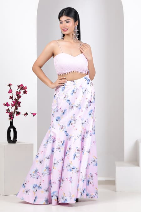 House Of Mithi Kalra Pink Silk Beads, Embroidery Round Neck, Floral Print Jacket With Skirt Set at Aza Fashions House Of Mithi Kalra_Pink Silk Beads, Embroidery Round Neck, Floral Print Jacket With Skirt Set _at_Aza_Fashions