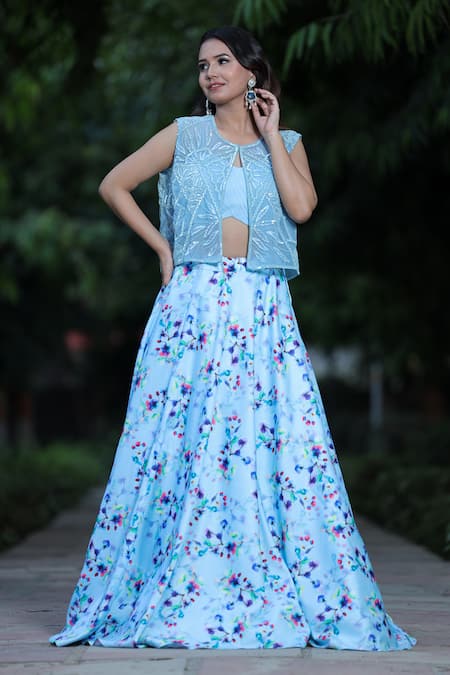 house of mithi kalra Blue Silk Printed Sequin Round Floral Lehenga Set With Jacket 