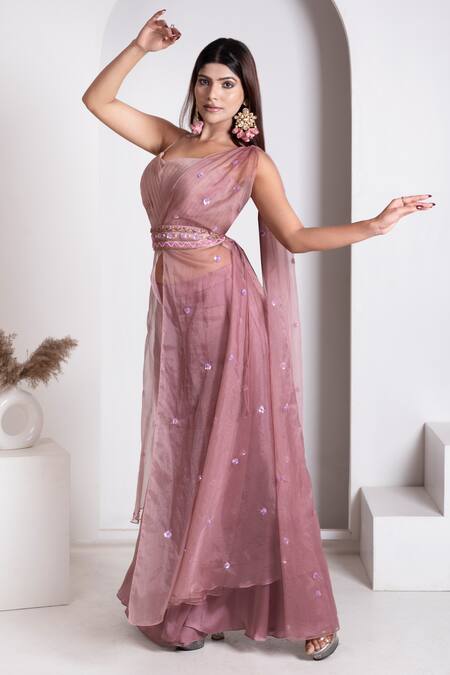 House Of Mithi Kalra_Pink Organza, Satin Beads, Sequins V-neck Work Kali Pant And Blouse Set _Online_at_Aza_Fashions