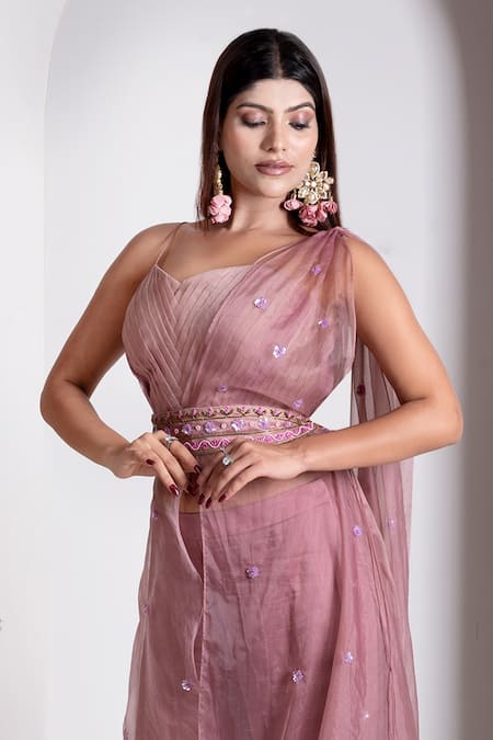 Shop_House Of Mithi Kalra_Pink Organza, Satin Beads, Sequins V-neck Work Kali Pant And Blouse Set _Online_at_Aza_Fashions