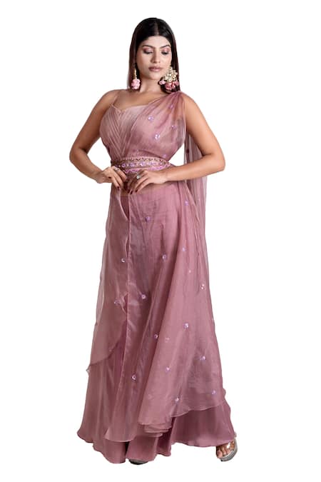 House Of Mithi Kalra_Pink Organza, Satin Beads, Sequins V-neck Work Kali Pant And Blouse Set _at_Aza_Fashions