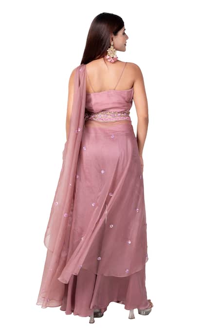 Buy_House Of Mithi Kalra_Pink Organza, Satin Beads, Sequins V-neck Work Kali Pant And Blouse Set 