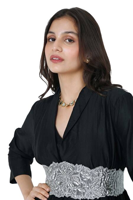 Buy_Komal Shah_Black Chanderi Quilted Collared Solid Layered Kurta With Pant Set _Online_at_Aza_Fashions