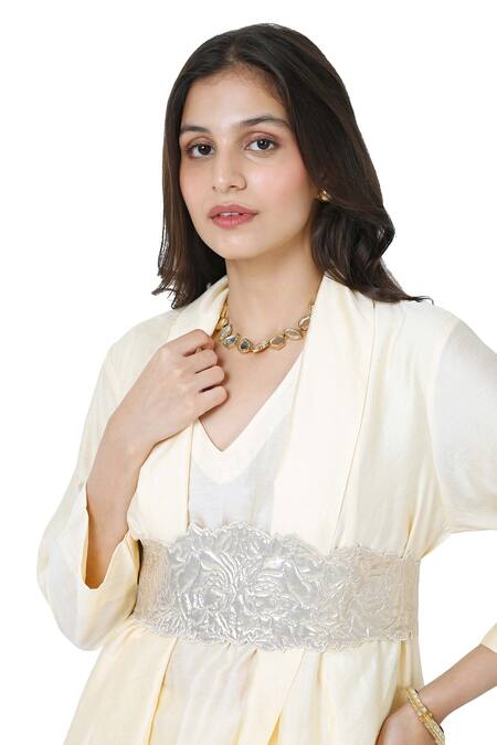 Buy_Komal Shah_Off White Kurta And Pant Chanderi Quilted Solid Layered With Asymmetric Set _Online_at_Aza_Fashions