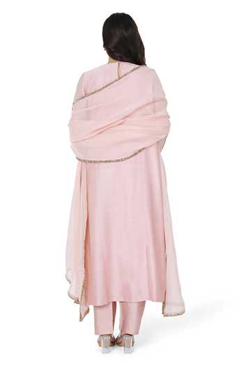 Komal Shah_Pink Chanderi, Organza, Silk Beads, Embroidery Round Neck Hand Kurta Set _Online_at_Aza_Fashions