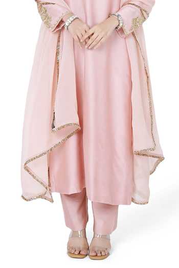 Buy_Komal Shah_Pink Chanderi, Organza, Silk Beads, Embroidery Round Neck Hand Kurta Set _Online_at_Aza_Fashions