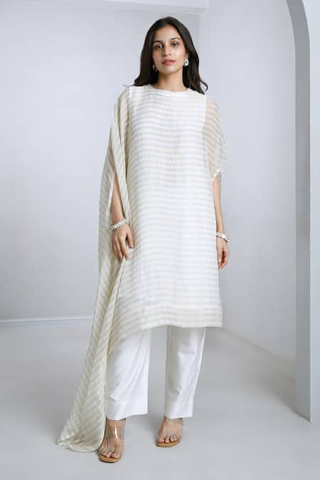 Komal Shah White Cape Tissue Stripe Round Pattern Asymmetric With Pant 