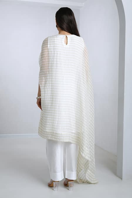Shop Komal Shah White Cape Tissue Stripe Round Pattern Asymmetric With Pant at Aza Fashions Shop_Komal Shah_White Cape Tissue Stripe Round Pattern Asymmetric With Pant _at_Aza_Fashions