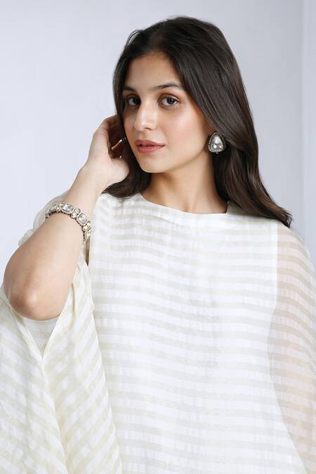 Buy Komal Shah White Cape Tissue Stripe Round Pattern Asymmetric With Pant Online at Aza Fashions Buy_Komal Shah_White Cape Tissue Stripe Round Pattern Asymmetric With Pant _Online_at_Aza_Fashions