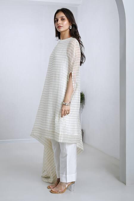 Shop Komal Shah White Cape Tissue Stripe Round Pattern Asymmetric With Pant Online at Aza Fashions Shop_Komal Shah_White Cape Tissue Stripe Round Pattern Asymmetric With Pant _Online_at_Aza_Fashions