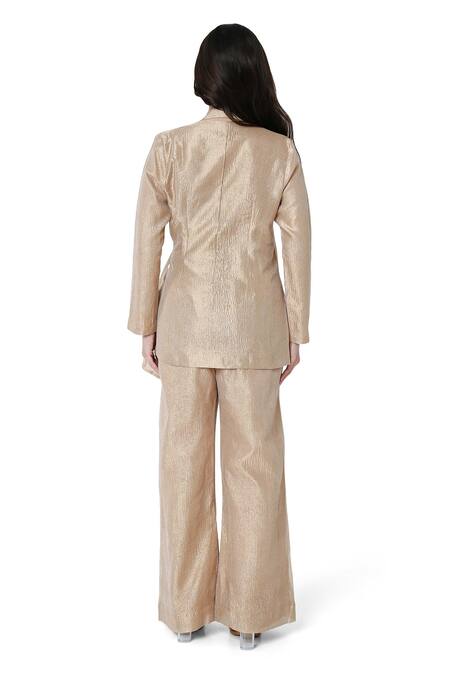 Shop Komal Shah Gold Crushed Tissue Notched Lapel Collar Jacket With Pant at Aza Fashions Shop_Komal Shah_Gold Crushed Tissue Notched Lapel Collar Jacket With Pant_at_Aza_Fashions