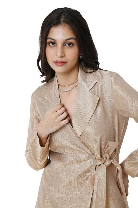 Shop Komal Shah Gold Crushed Tissue Notched Lapel Collar Jacket With Pant Online at Aza Fashions Shop_Komal Shah_Gold Crushed Tissue Notched Lapel Collar Jacket With Pant_Online_at_Aza_Fashions