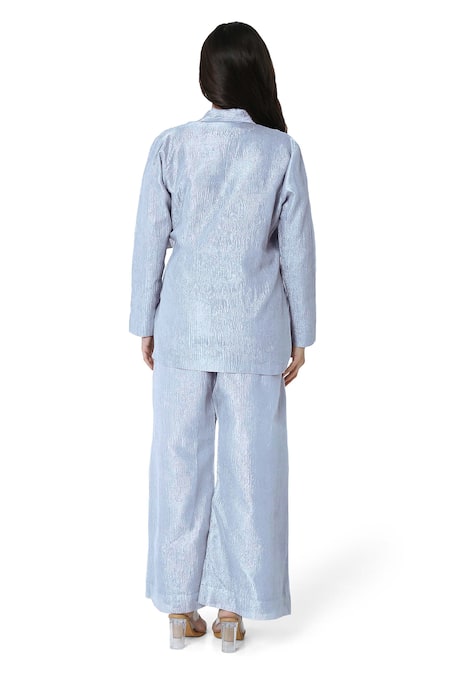 Shop_Komal Shah_Silver Crushed Tissue Notched Lapel Front Tie-up Jacket With Pant _at_Aza_Fashions