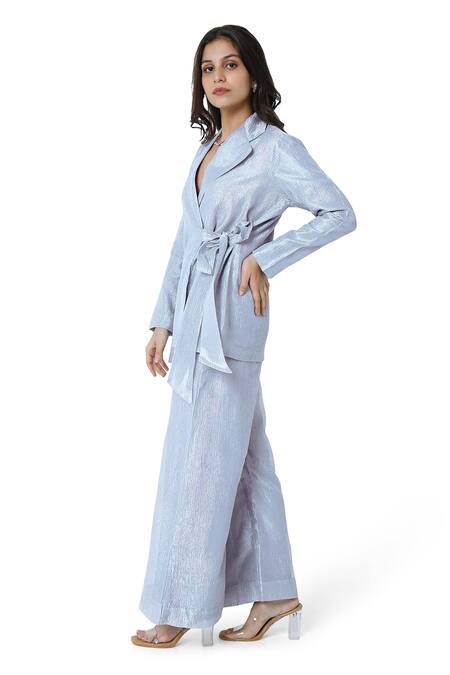 Shop_Komal Shah_Silver Crushed Tissue Notched Lapel Front Tie-up Jacket With Pant _Online_at_Aza_Fashions