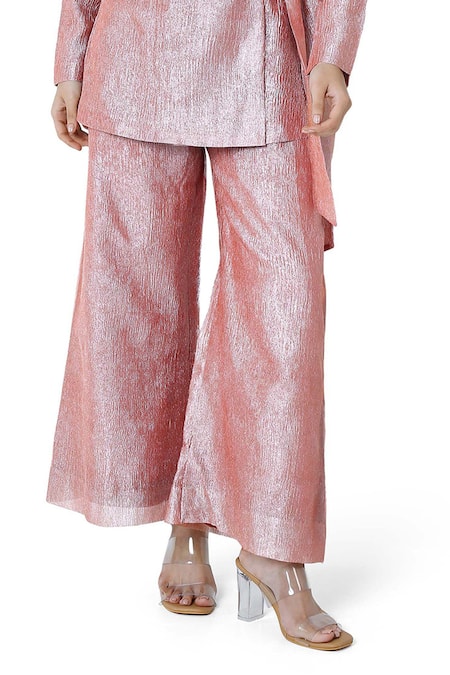 Buy_Komal Shah_Red Crushed Tissue Notched Lapel Front Tie-up Jacket And Pant Set _Online_at_Aza_Fashions