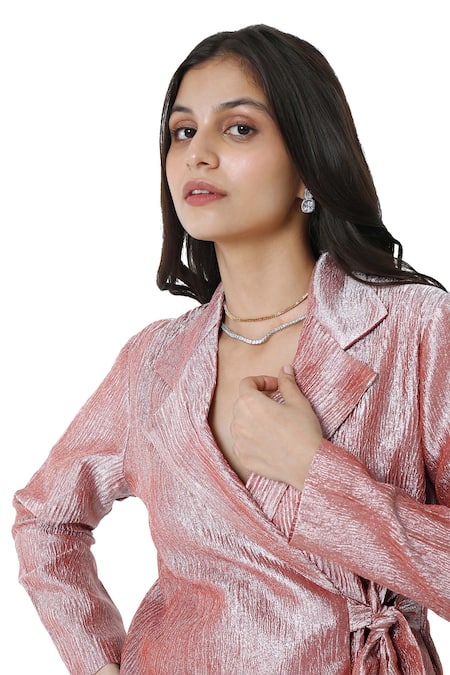 Shop_Komal Shah_Red Crushed Tissue Notched Lapel Front Tie-up Jacket And Pant Set _Online_at_Aza_Fashions