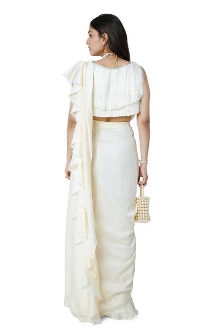 Komal Shah_Off White Saree Chanderi Fringe Round Ruffle Pre-draped With Blouse _Online_at_Aza_Fashions