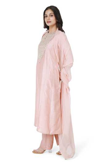 Buy_Komal Shah_Pink Chanderi, Organza, Satin, Silk Embellished Placket Anarkali Pant Set _Online_at_Aza_Fashions