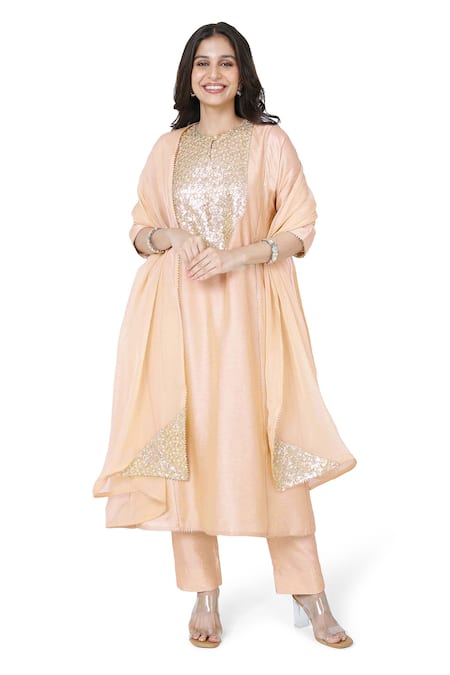 Komal Shah Chanderi Sequin Embellished Anarkali Pant Set 