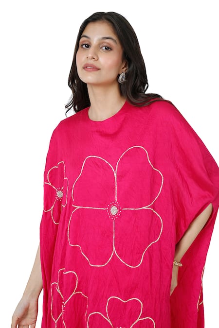 Shop_Komal Shah_Pink Plain Sc Embroidered Thread Round Pita Cape And Pant Set _Online_at_Aza_Fashions