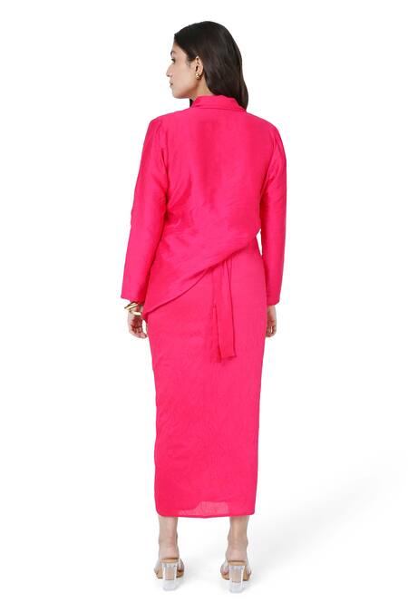 Komal Shah_Pink Plain Sc Lapel Collar Blazer And Draped Skirt Set _Online_at_Aza_Fashions