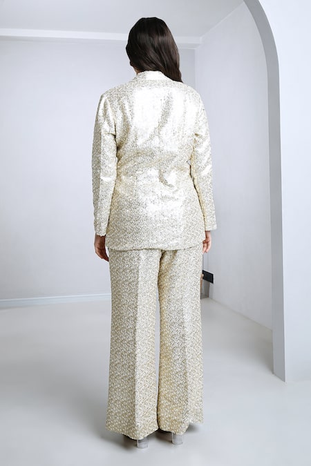 Komal Shah_White Coine Embroidered Sequin Lapel Collar Blazer And Pant Set _Online_at_Aza_Fashions