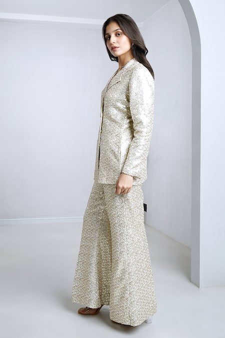 Shop_Komal Shah_White Coine Embroidered Sequin Lapel Collar Blazer And Pant Set _Online_at_Aza_Fashions