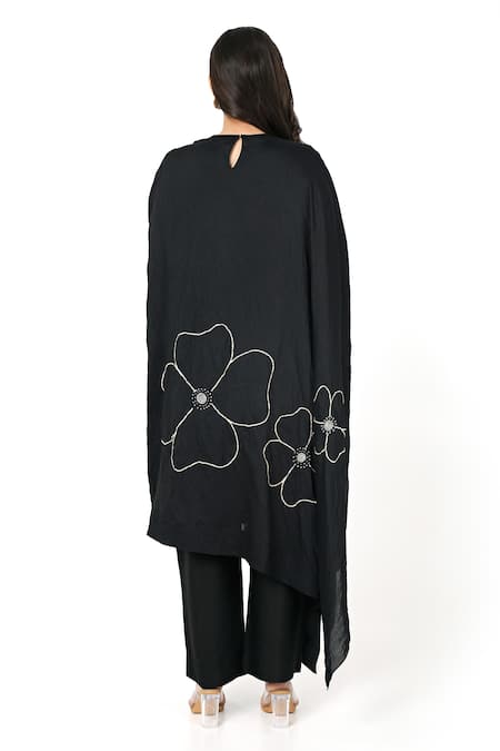 Shop Komal Shah Black Plain Sc Embroidered Pita Round Asymmetric Cape And Pant Set at Aza Fashions Shop_Komal Shah_Black Plain Sc Embroidered Pita Round Asymmetric Cape And Pant Set _at_Aza_Fashions