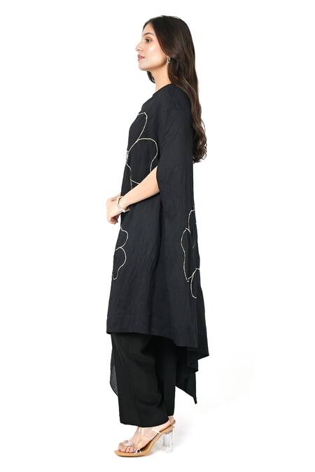 Shop Komal Shah Black Plain Sc Embroidered Pita Round Asymmetric Cape And Pant Set Online at Aza Fashions Shop_Komal Shah_Black Plain Sc Embroidered Pita Round Asymmetric Cape And Pant Set _Online_at_Aza_Fashions
