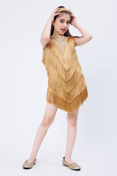 Hoity Moppet Gold Satin Tassels, Lace Amber Lights Fringe Dress Online at Aza Fashions Hoity Moppet_Gold Satin Tassels, Lace Amber Lights Fringe Dress _Online_at_Aza_Fashions
