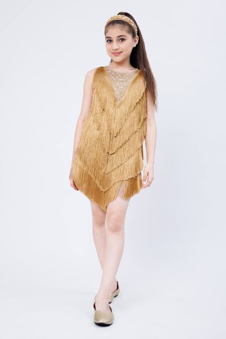 Buy Hoity Moppet Gold Satin Tassels, Lace Amber Lights Fringe Dress Online at Aza Fashions Buy_Hoity Moppet_Gold Satin Tassels, Lace Amber Lights Fringe Dress _Online_at_Aza_Fashions