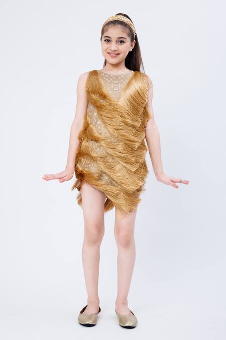 Shop Hoity Moppet Gold Satin Tassels, Lace Amber Lights Fringe Dress Online at Aza Fashions Shop_Hoity Moppet_Gold Satin Tassels, Lace Amber Lights Fringe Dress _Online_at_Aza_Fashions