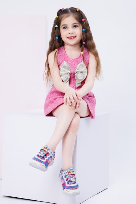 Shop_Hoity Moppet_Pink Denim Sequins Amuse Me Embroidered Dress _at_Aza_Fashions