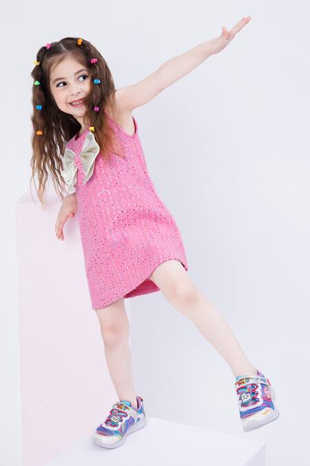 Hoity Moppet_Pink Denim Sequins Amuse Me Embroidered Dress _at_Aza_Fashions