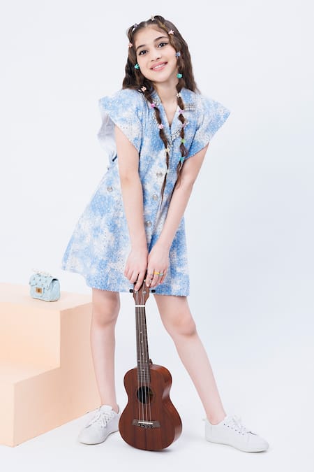 Shop Hoity Moppet Blue Denim Sequins, Beads Calm Embroidered Shirt Dress at Aza Fashions Shop_Hoity Moppet_Blue Denim Sequins, Beads Calm Embroidered Shirt Dress _at_Aza_Fashions