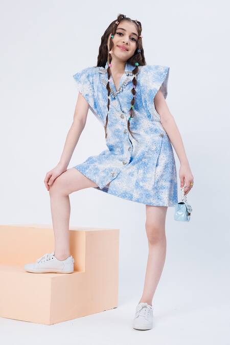 Hoity Moppet Blue Denim Sequins, Beads Calm Embroidered Shirt Dress at Aza Fashions Hoity Moppet_Blue Denim Sequins, Beads Calm Embroidered Shirt Dress _at_Aza_Fashions