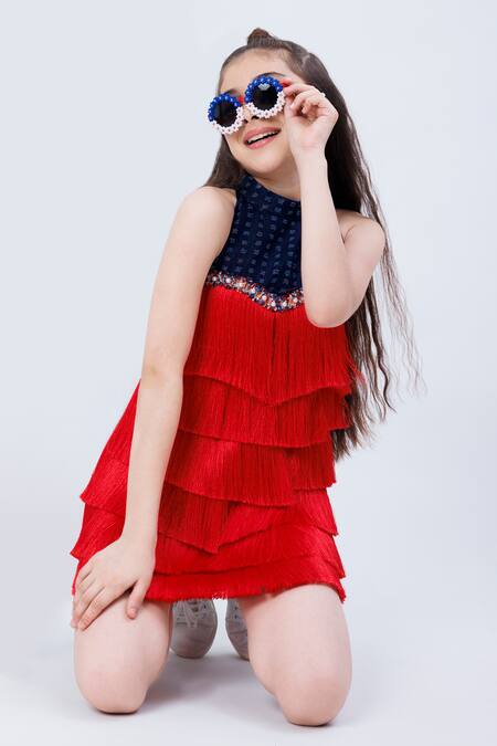 Hoity Moppet Red Denim Tassels Cherry Darling Fringe Embellished Dress Online at Aza Fashions Hoity Moppet_Red Denim Tassels Cherry Darling Fringe Embellished Dress _Online_at_Aza_Fashions