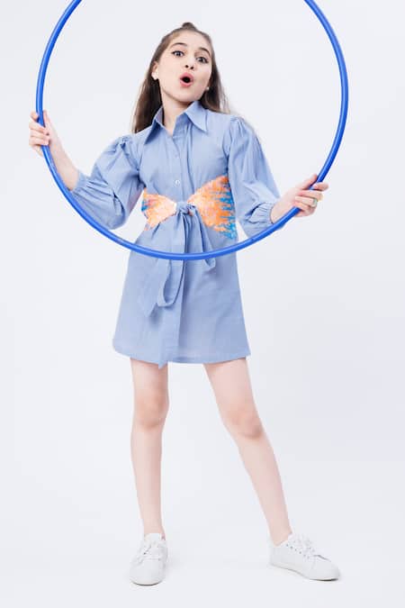 Shop Hoity Moppet Blue Denim, Cotton Sequins Cosmic Placement Embroidered Shirt Dress at Aza Fashions Shop_Hoity Moppet_Blue Denim, Cotton Sequins Cosmic Placement Embroidered Shirt Dress _at_Aza_Fashions