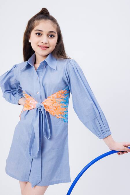 Shop Hoity Moppet Blue Denim, Cotton Sequins Cosmic Placement Embroidered Shirt Dress Online at Aza Fashions Shop_Hoity Moppet_Blue Denim, Cotton Sequins Cosmic Placement Embroidered Shirt Dress _Online_at_Aza_Fashions