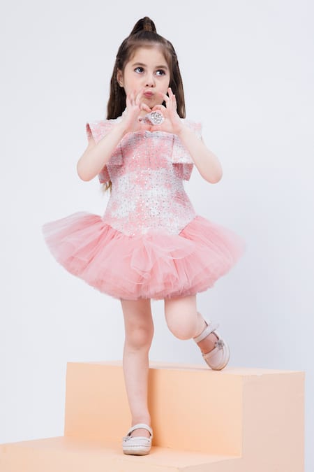 Shop Hoity Moppet Pink Denim Sequins, Embroidery Creme Brulee Work Frill Dress at Aza Fashions Shop_Hoity Moppet_Pink Denim Sequins, Embroidery Creme Brulee Work Frill Dress _at_Aza_Fashions