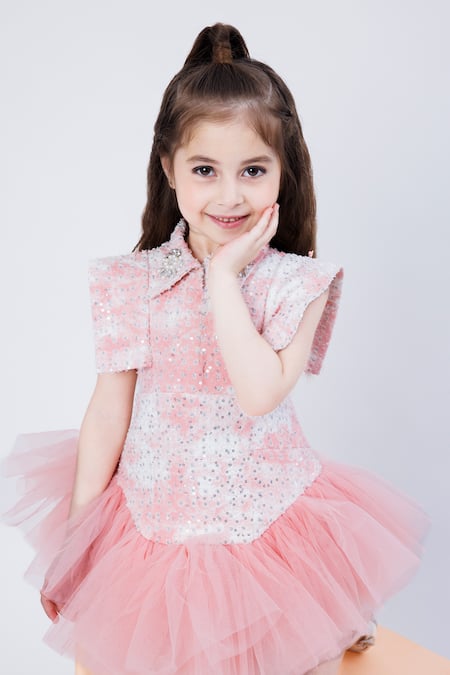 Hoity Moppet Pink Denim Sequins, Embroidery Creme Brulee Work Frill Dress Online at Aza Fashions Hoity Moppet_Pink Denim Sequins, Embroidery Creme Brulee Work Frill Dress _Online_at_Aza_Fashions