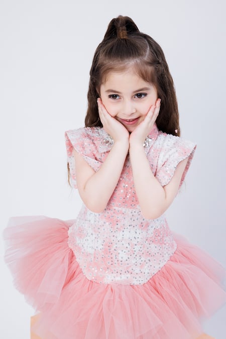 Buy Hoity Moppet Pink Denim Sequins, Embroidery Creme Brulee Work Frill Dress Online at Aza Fashions Buy_Hoity Moppet_Pink Denim Sequins, Embroidery Creme Brulee Work Frill Dress _Online_at_Aza_Fashions