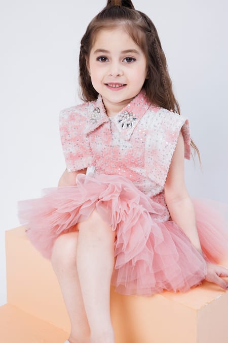 Shop Hoity Moppet Pink Denim Sequins, Embroidery Creme Brulee Work Frill Dress Online at Aza Fashions Shop_Hoity Moppet_Pink Denim Sequins, Embroidery Creme Brulee Work Frill Dress _Online_at_Aza_Fashions