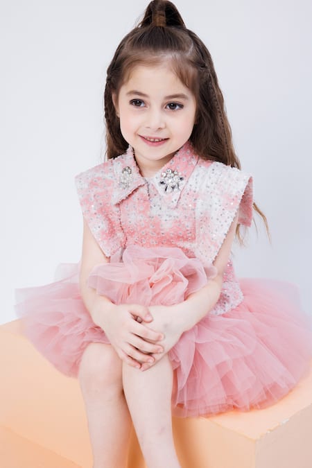 Hoity Moppet Pink Denim Sequins, Embroidery Creme Brulee Work Frill Dress at Aza Fashions Hoity Moppet_Pink Denim Sequins, Embroidery Creme Brulee Work Frill Dress _at_Aza_Fashions