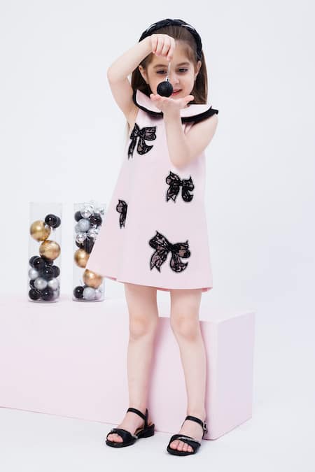 Shop Hoity Moppet Pink Crepe Lace Cute Alert Embellished Dress at Aza Fashions Shop_Hoity Moppet_Pink Crepe Lace Cute Alert Embellished Dress _at_Aza_Fashions
