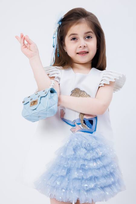 Shop_Hoity Moppet_White Crepe Fringe, Embroidery Elsa Patchwork Dress_Online_at_Aza_Fashions