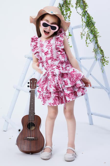 Shop Hoity Moppet Pink Twill, Crepe Lace Girl Talk Jungle Print Dress at Aza Fashions Shop_Hoity Moppet_Pink Twill, Crepe Lace Girl Talk Jungle Print Dress _at_Aza_Fashions